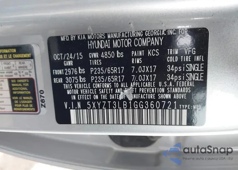 2016 Hyundai Santa Fe Sport 2.4L z USA, uszkodzony, nr VIN 5XYZT3LB1GG360721